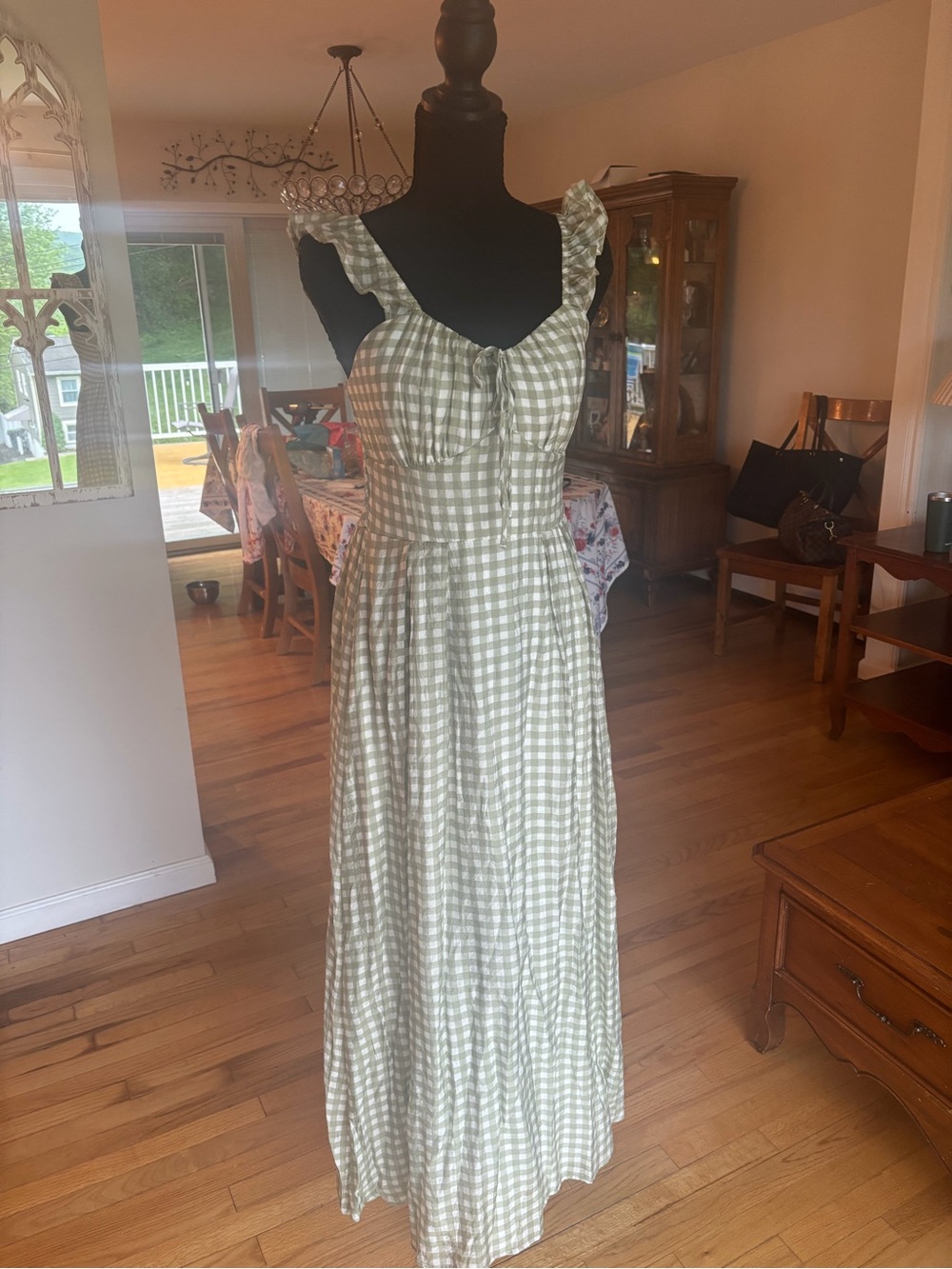 Sage Gingham Tie-Front Maxi Dress with Ruffle Straps